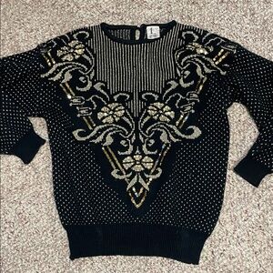 Vintage 80s Black/ Gold sequinned metallic thread batwing Sweater